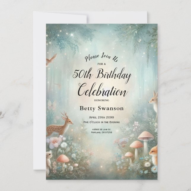 Teal and Peach Enchanted Forest Birthday Party Invitation (Front)