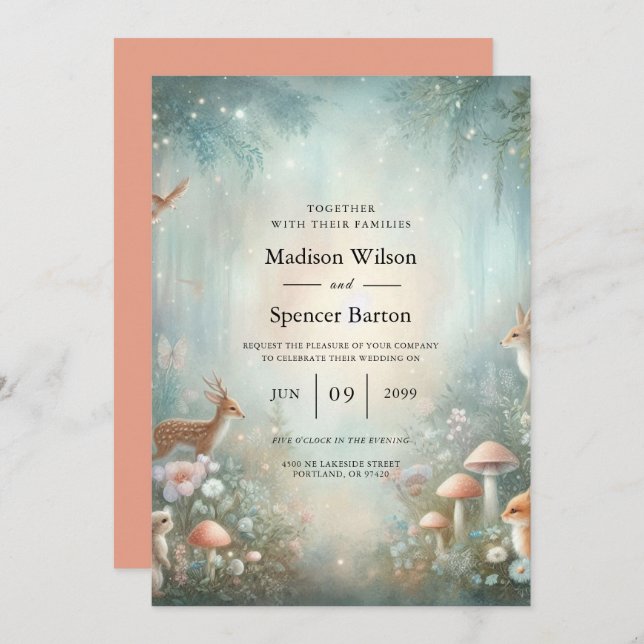 Teal and Peach Enchanted Forest Wedding Invitation (Front/Back)