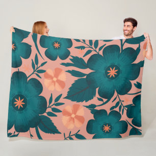 Teal and Peach Flowers on a Soft Pink Background Fleece Blanket
