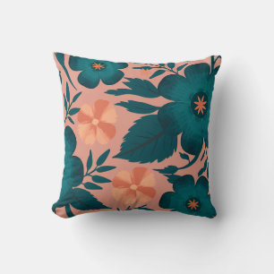 Teal and Peach Flowers on a Soft Pink Background Throw Pillow