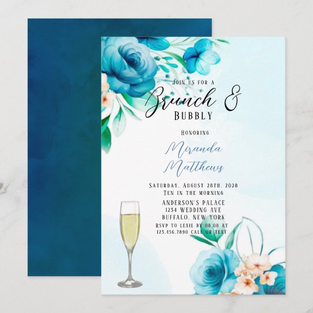 Teal and Peach Painted Floral Brunch & Bubbly Invitation (Front/Back)