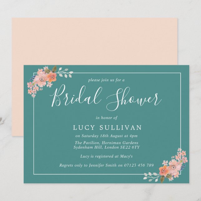 Teal and Peach Watercolor Floral Bridal Shower Invitation (Front/Back)