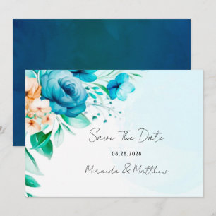 Teal and Peach Watercolor Florals Save The Date Invitation