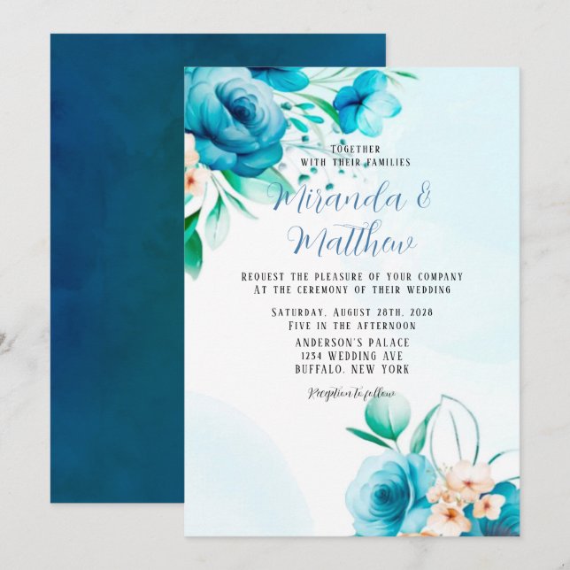 Teal and Peach Watercolor Florals Wedding Invitati Invitation (Front/Back)