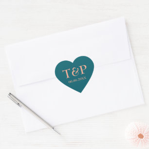 Teal and peach wedding heart seal favor stickers