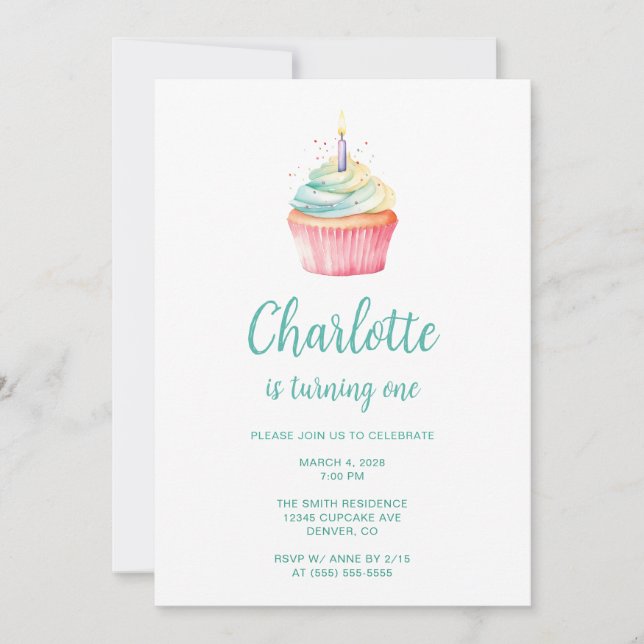 Teal and Pink 1st Birthday Cupcake Invitation (Front)