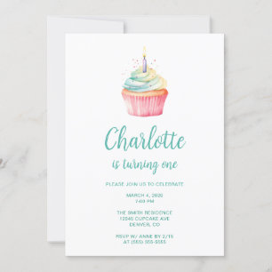 Teal and Pink 1st Birthday Cupcake Invitation