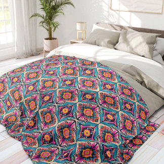Teal and Pink Abstract Flowers Bohemian Fleece Blanket