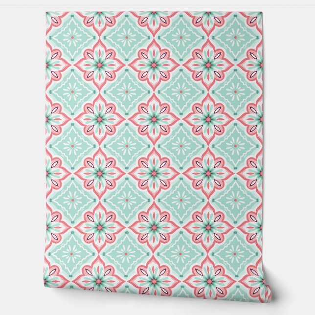 Teal and Pink Abstract Geometric Print pattern  Wallpaper (Unrolling)