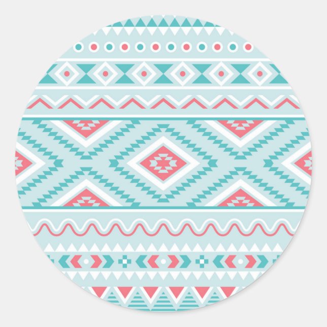Teal and Pink Aztec Tribal Pattern Classic Round Sticker (Front)