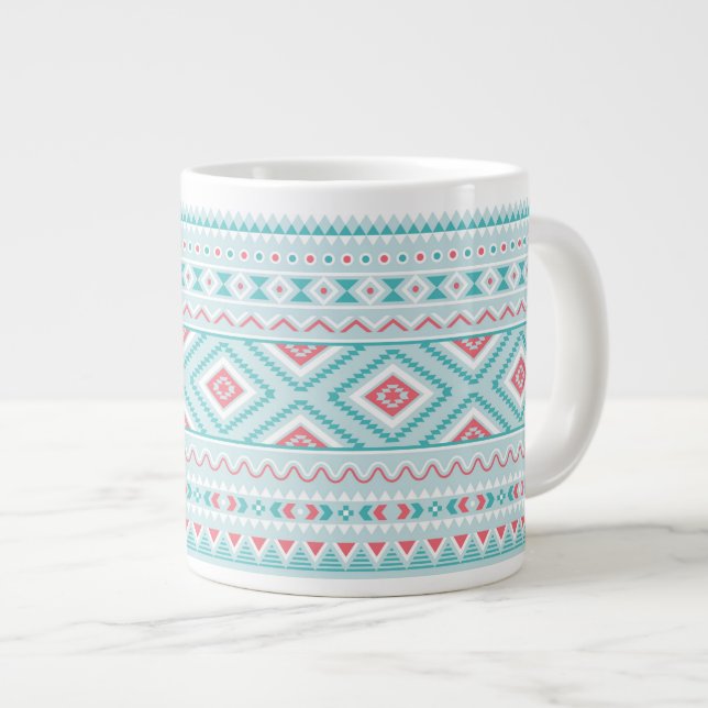 Teal and Pink Aztec Tribal Pattern Large Coffee Mug (Front Right)