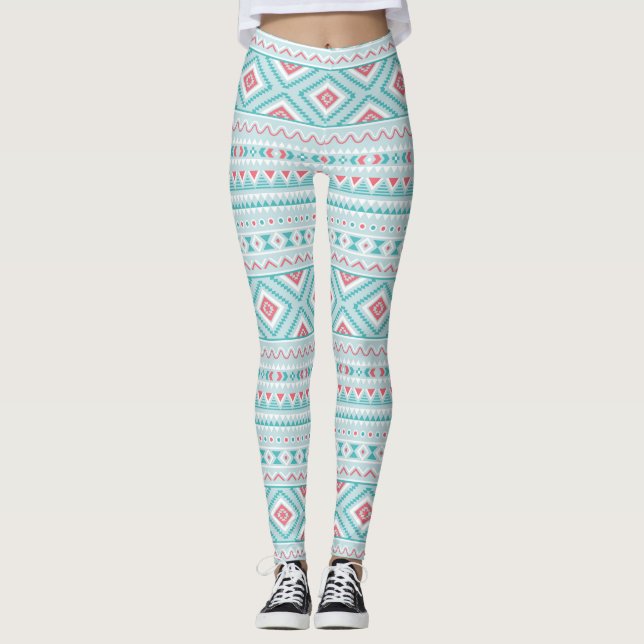 Teal and Pink Aztec Tribal Pattern Leggings (Front)
