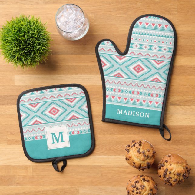 Teal and Pink Aztec Tribal Pattern Oven Mitt & Pot Holder Set (Top Down)
