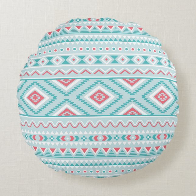 Teal and Pink Aztec Tribal Pattern Round Pillow (Front)