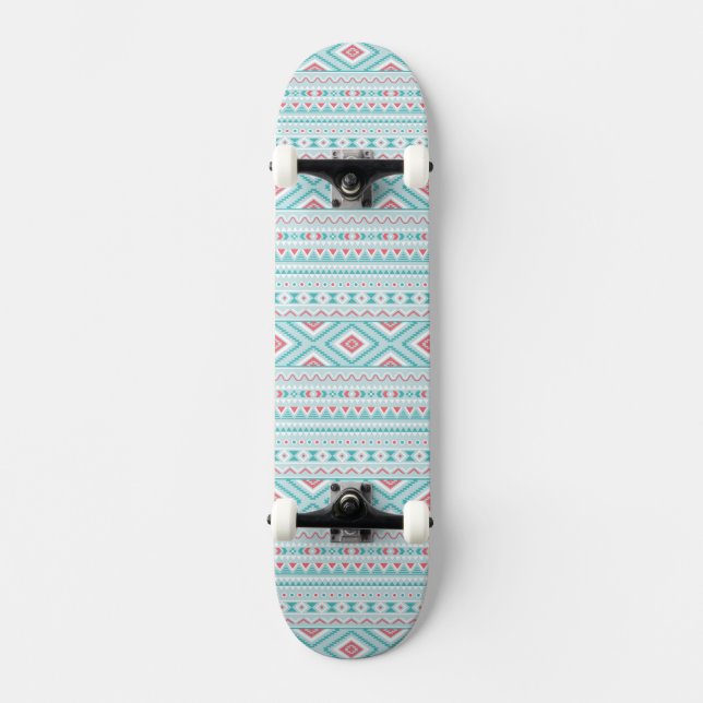 Teal and Pink Aztec Tribal Pattern Skateboard (Front)