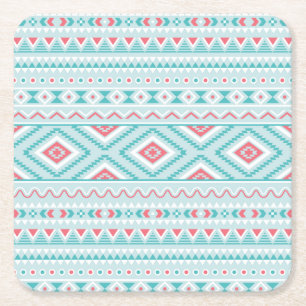 Teal and Pink Aztec Tribal Pattern Square Paper Coaster