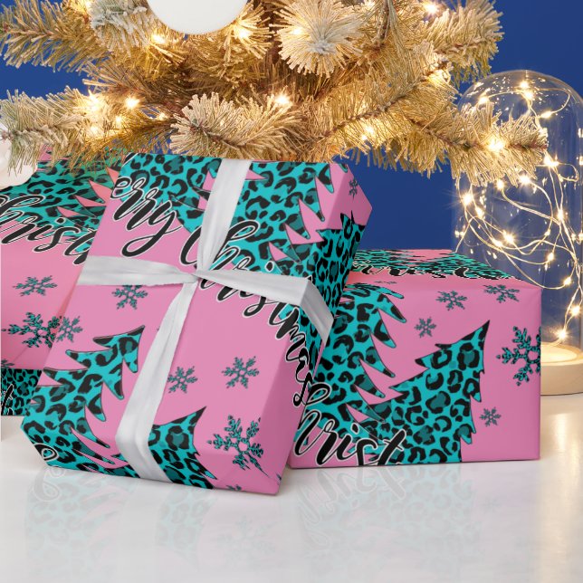 Teal and Pink Cheetah Print Christmas Trees  Wrapping Paper (Holidays)