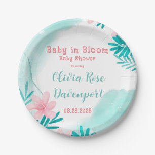Teal and Pink Floral Baby In Bloom Baby Shower Paper Plate