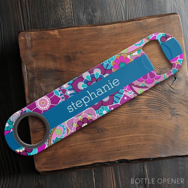 Teal and Pink Floral Pattern with Custom Baby Name Bar Key (Custom Bar Key)