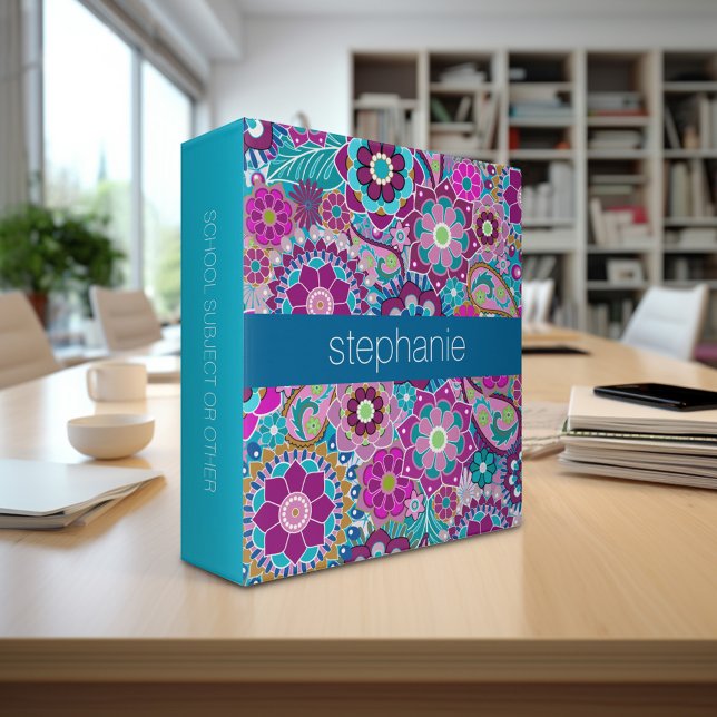 Teal and Pink Floral Pattern with Custom Baby Name Binder (Personalized 3-ring binder - Add Your Name and Other Text)