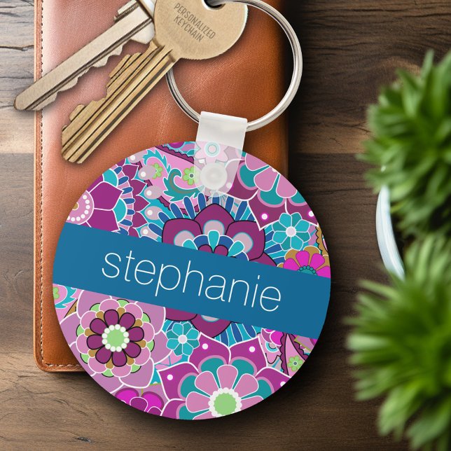 Teal and Pink Floral Pattern with Custom Baby Name Keychain (Personalized Keychain)
