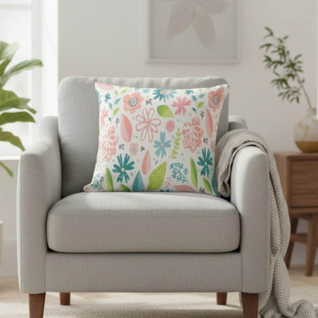 Teal and Pink Floral Square Pillow (Creator Uploaded)