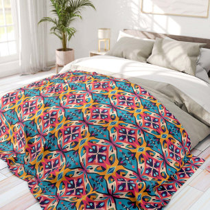 Teal and Pink Geometric Bohemian Fleece Blanket