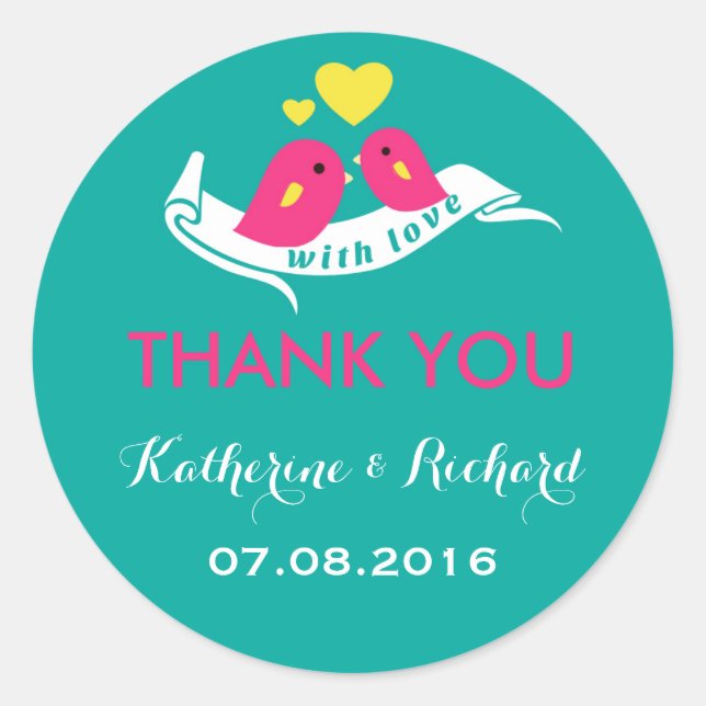 Teal and Pink Love Birds Wedding Favour Sticker (Front)