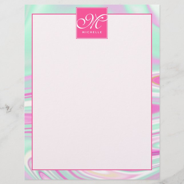 Teal and Pink Marble Pattern Monogram Letterhead (Front)