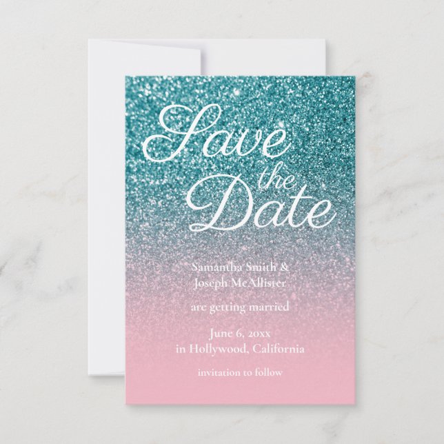 Teal and Pink Ombre Glitter Save the Date Invitation (Front)