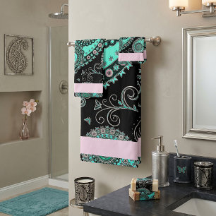 Teal and pink paisley bath towel set
