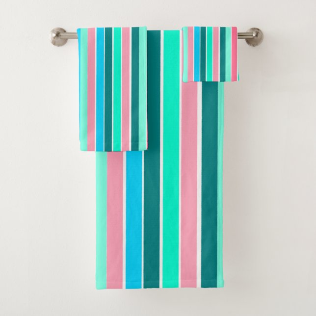 Teal and Pink Stripes  Bath Towel Set (Insitu)