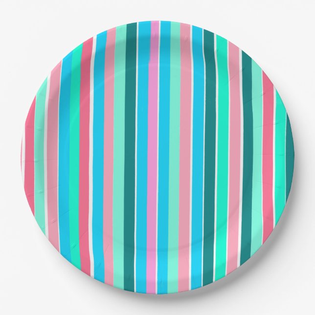 Teal and Pink Stripes  Paper Plate (Front)