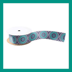 Teal and Plum Abstract Mandala Pattern Satin Ribbon