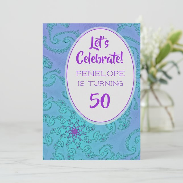 Teal and Plum Fractal Floral Pattern 50th Birthday Invitation (Standing Front)