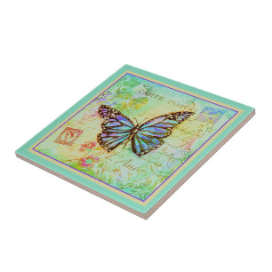 Teal and purple butterfly  ceramic tile
