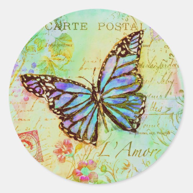 Teal and purple butterfly  classic round sticker (Front)