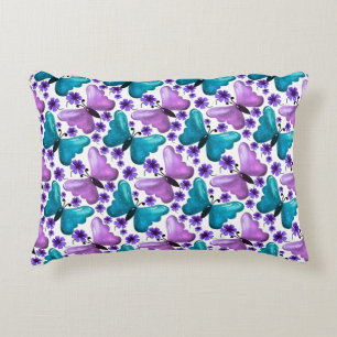 Teal and purple butterfly floral pattern accent pillow