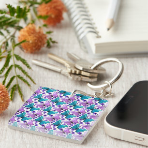Teal and purple butterfly floral pattern keychain