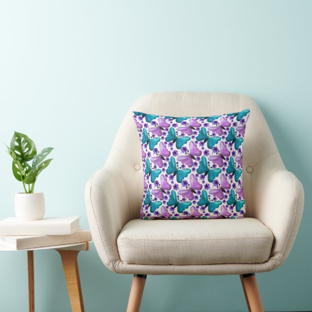 Teal and purple butterfly floral pattern  throw pillow (Chair)