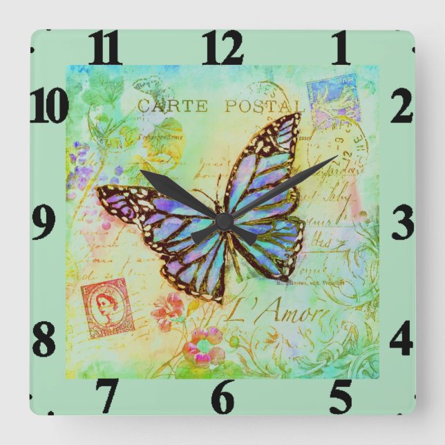 Teal and purple butterfly  square wall clock (Front)