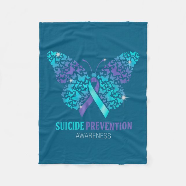 Teal And Purple Butterfly Suicide Prevention Aware Fleece Blanket (Front)