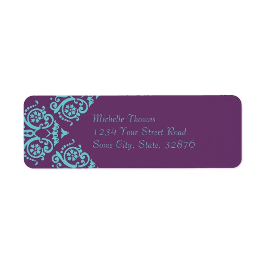 Teal and Purple Elegant Damask Return Address Return Address Label