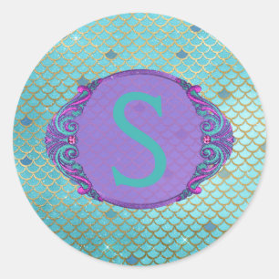 Teal and Purple Mermaid Scales Monogram Birthday Classic Round Sticker