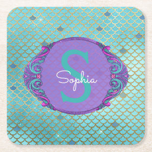 Teal and Purple Mermaid Scales Monogram Birthday Square Paper Coaster
