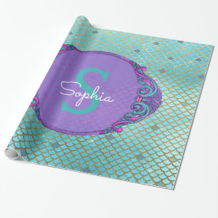 Teal and Purple Mermaid Scales Monogram Birthday Wrapping Paper