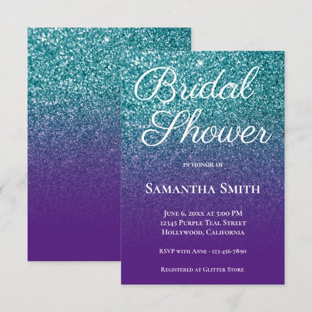 Teal and Purple Ombre Glitter Bridal Shower Invitation (Front/Back)
