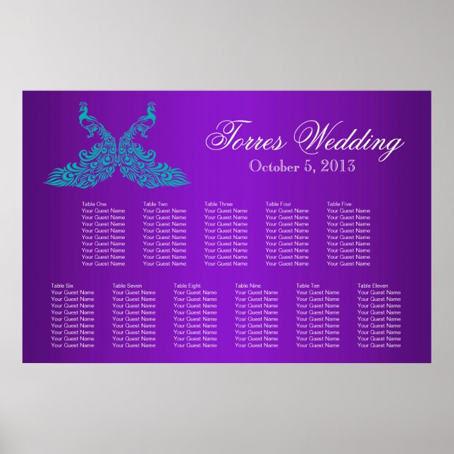 Teal and Purple Peacock Seating Chart (Front)