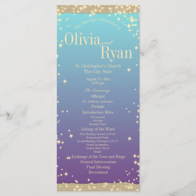 Teal and Purple Rustic Ombre" Wedding Program (Front)
