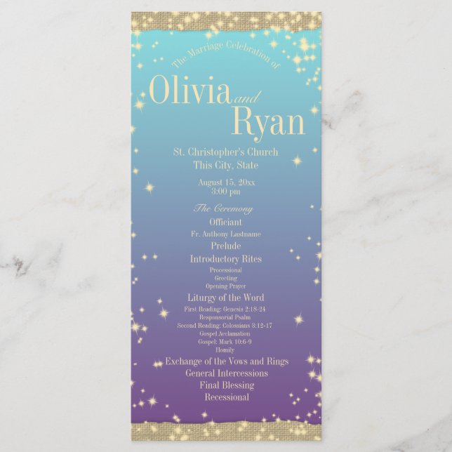 Teal and Purple Rustic Ombre" Wedding Program (Front)